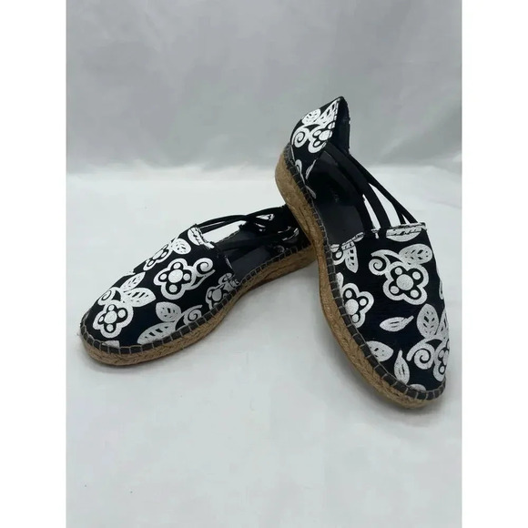 Eric Michael Black and White Floral Slip On Sling Back Espadrilles - Picture 7 of 11